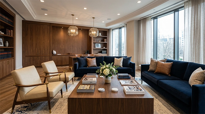Office lounge seating with sofas and chairs arranged around a coffee table in a professional, comfortable workspace
