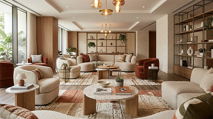 Lounge seating area with coffee tables and accent tables styled with books and decor in a modern office environment