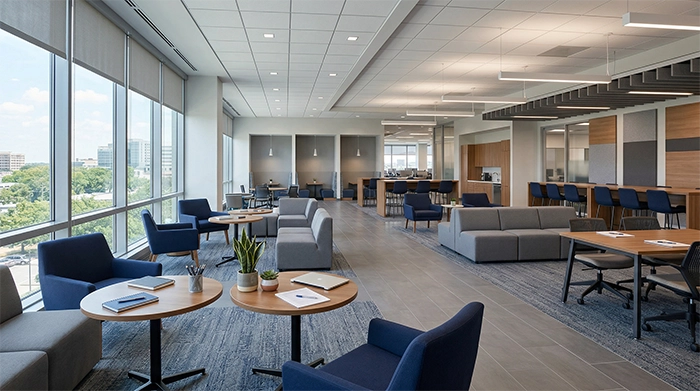 Modern office collaborative lounge with sofas, chairs, and small tables in an open workspace with large windows and natural light