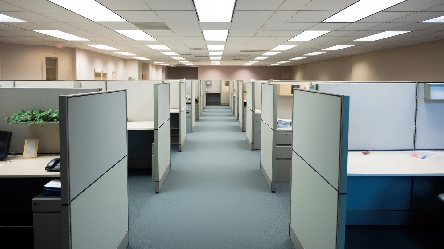 Rows of gray panel-based office cubicles in a commercial workspace with acoustic partitions, task lighting, and integrated storage