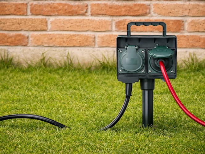 Prise électrique extérieure étanche installée dans un jardin avec câble branché, protégée par un boîtier résistant aux intempéries.