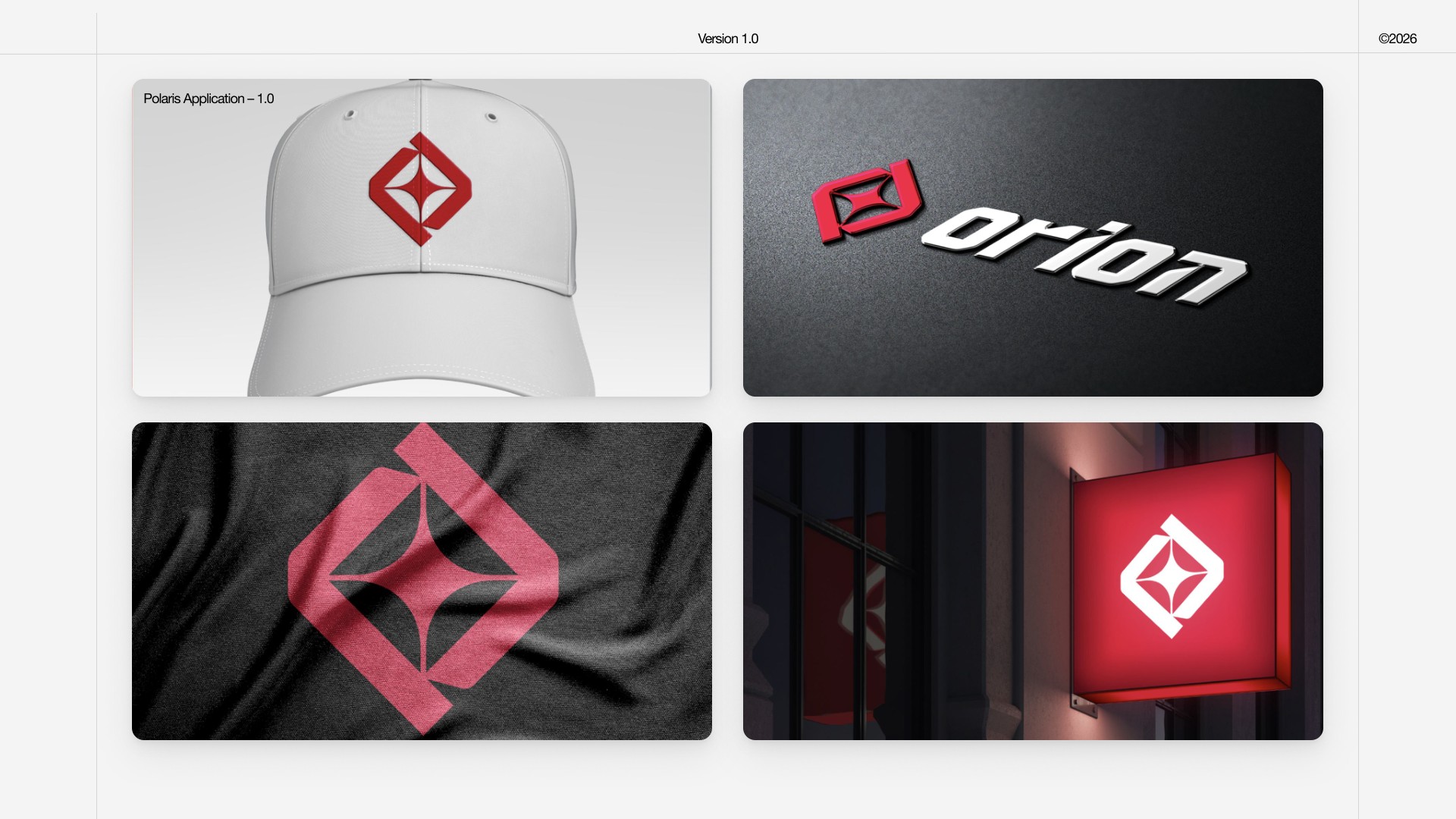 Polaris concept applied to a cap, Orion wordmark, fabric, and signage