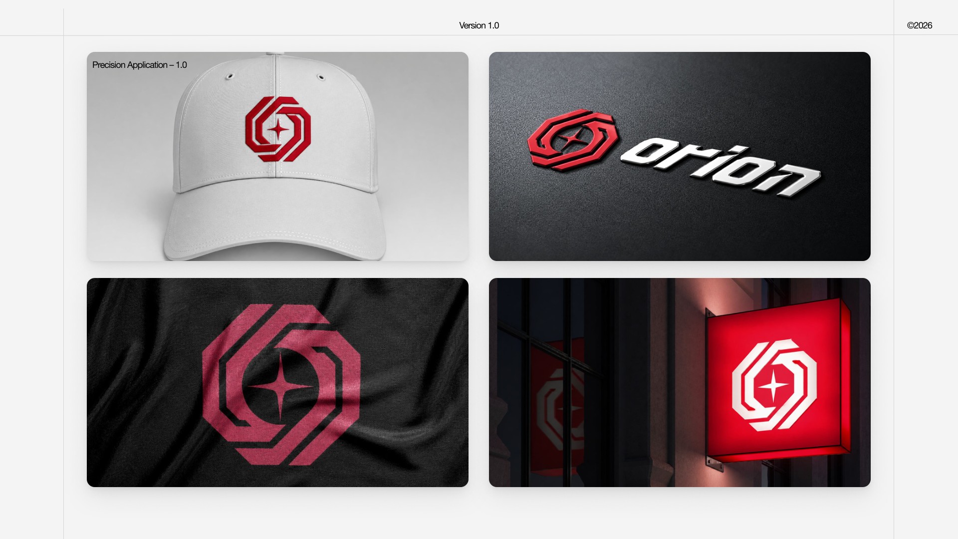Precision icon applied to apparel, the Orion wordmark, and signage