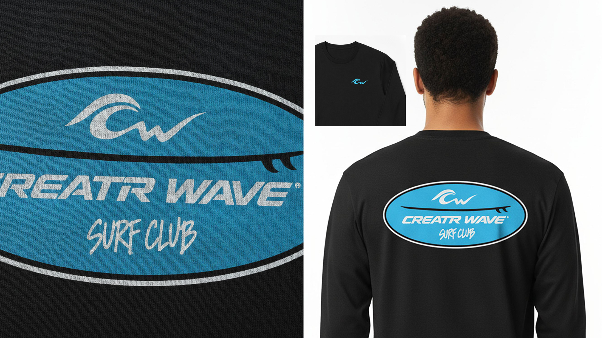 Surf Club print detail paired with front and back long-sleeve apparel mockups