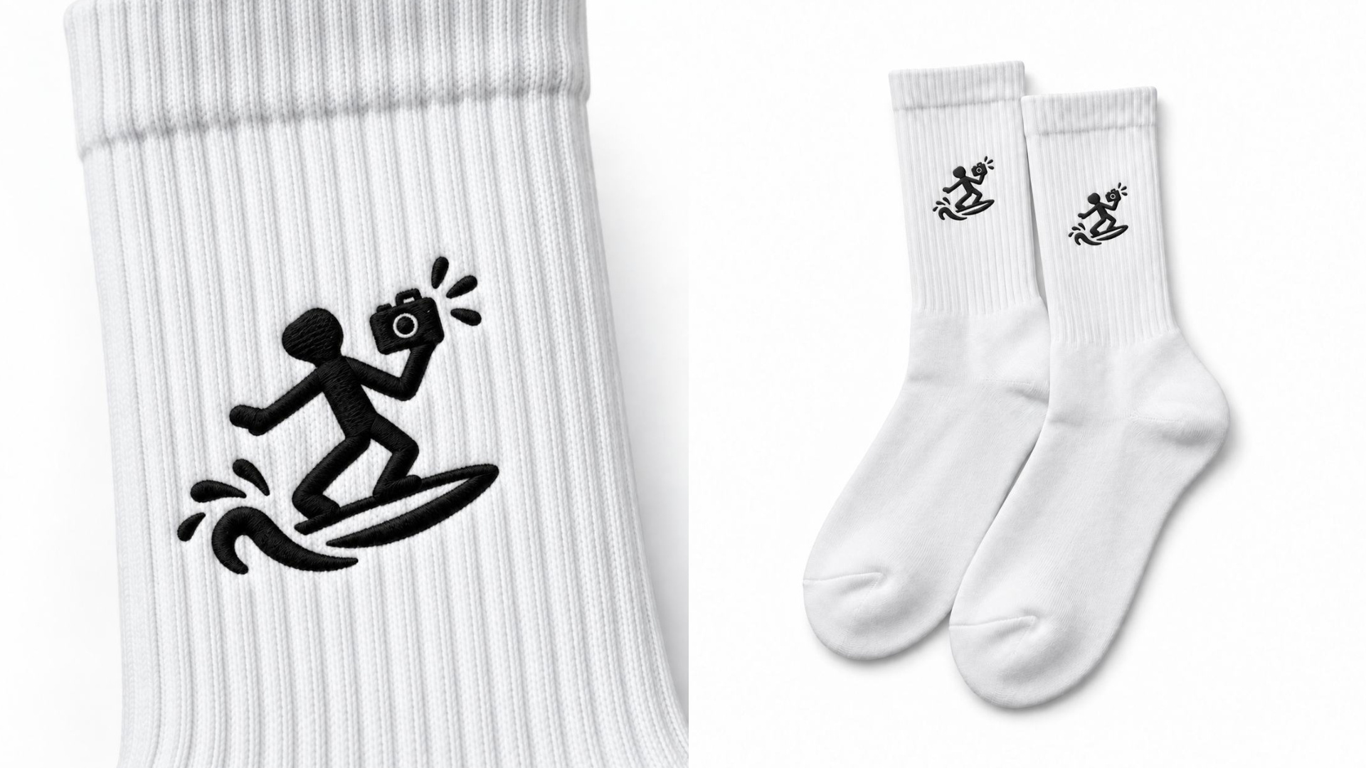 Close-up of the embroidered camera-carrying surfer beside a pair of white ribbed socks