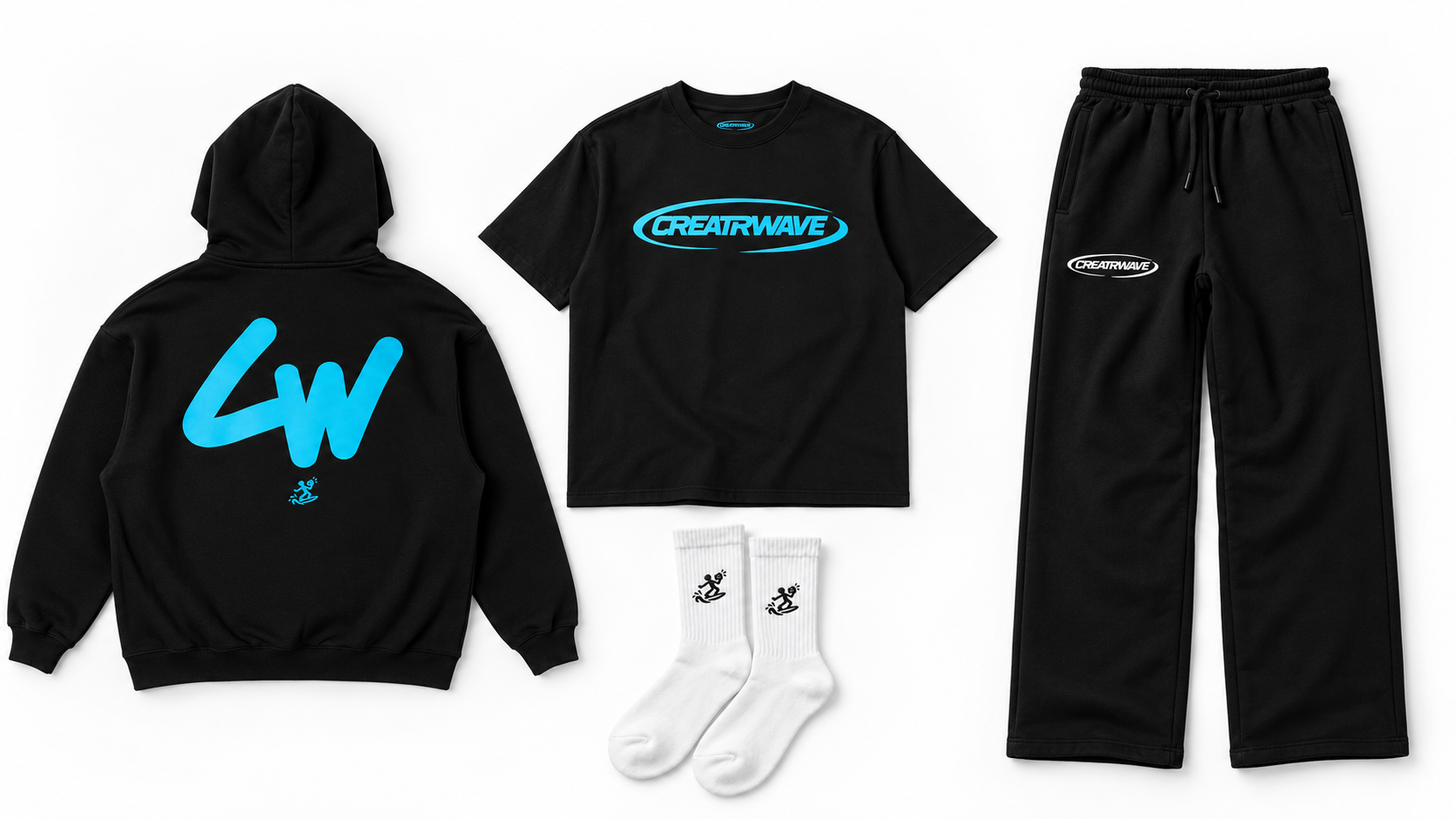 CREATRWAVE collection concept featuring a black hoodie, graphic tee, sweats and white socks