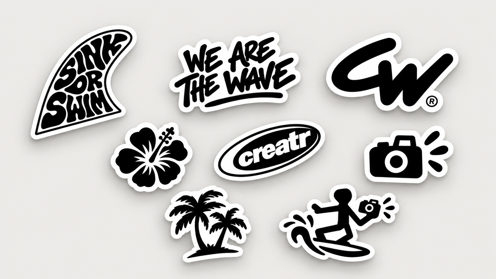 Eight CREATRWAVE stickers featuring slogans, CW lettering, coastal symbols and a camera-carrying surfer
