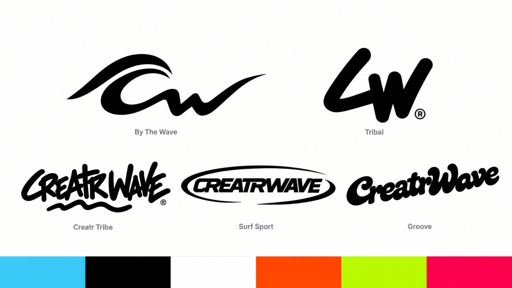 CREATRWAVE identity exploration with wave emblems, expressive wordmarks and colour palette