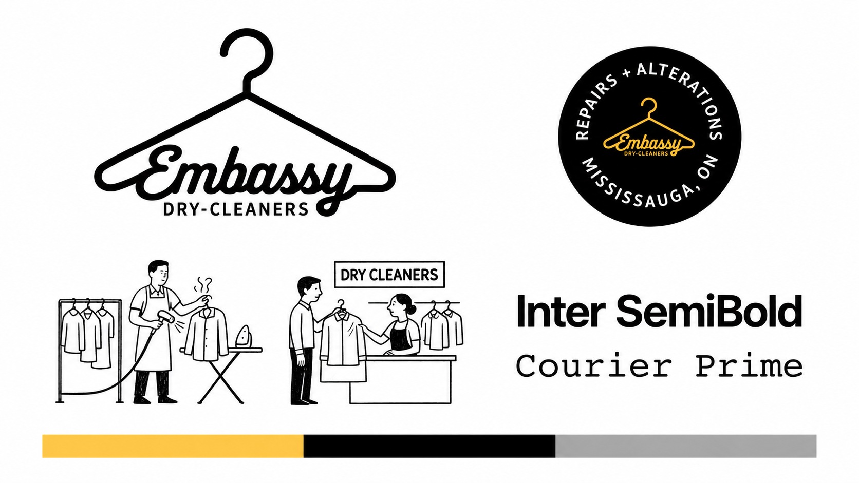 Embassy hanger wordmark, circular seal, dry-cleaning illustrations, typography and yellow palette