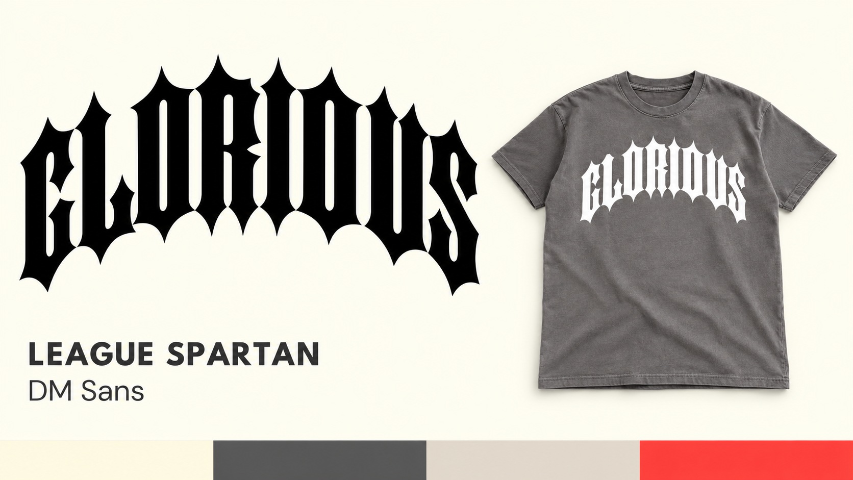 Glorious blackletter identity with supporting typography, colour palette and grey T-shirt mockup