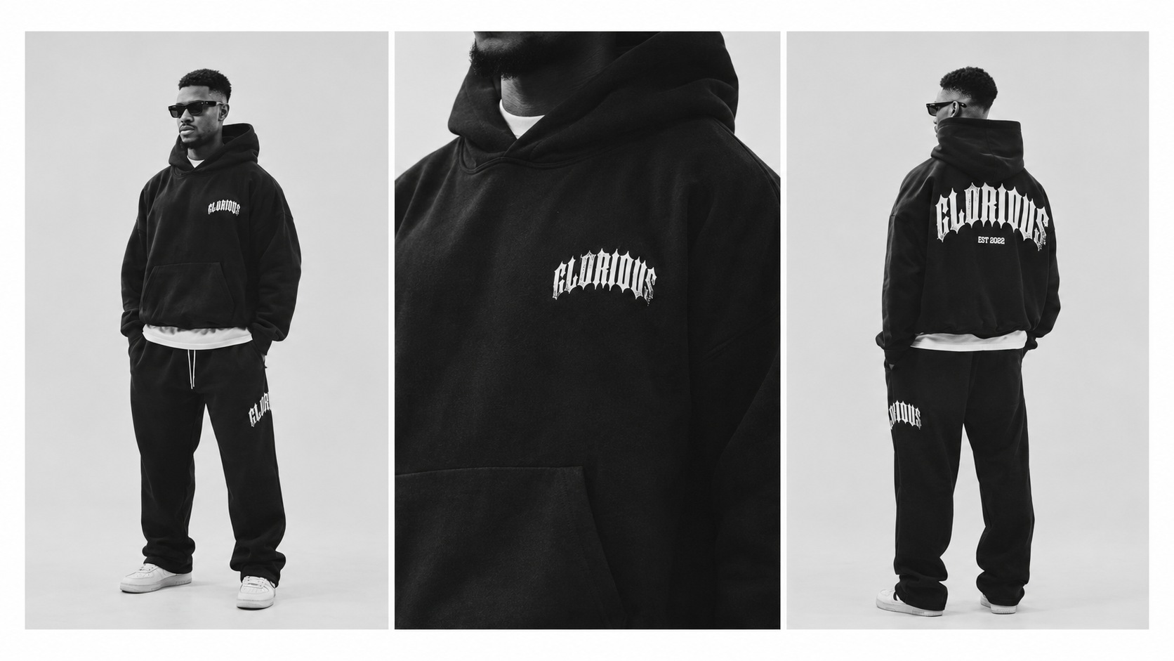 Glorious apparel presentation showing front silhouette, chest print detail and back graphic