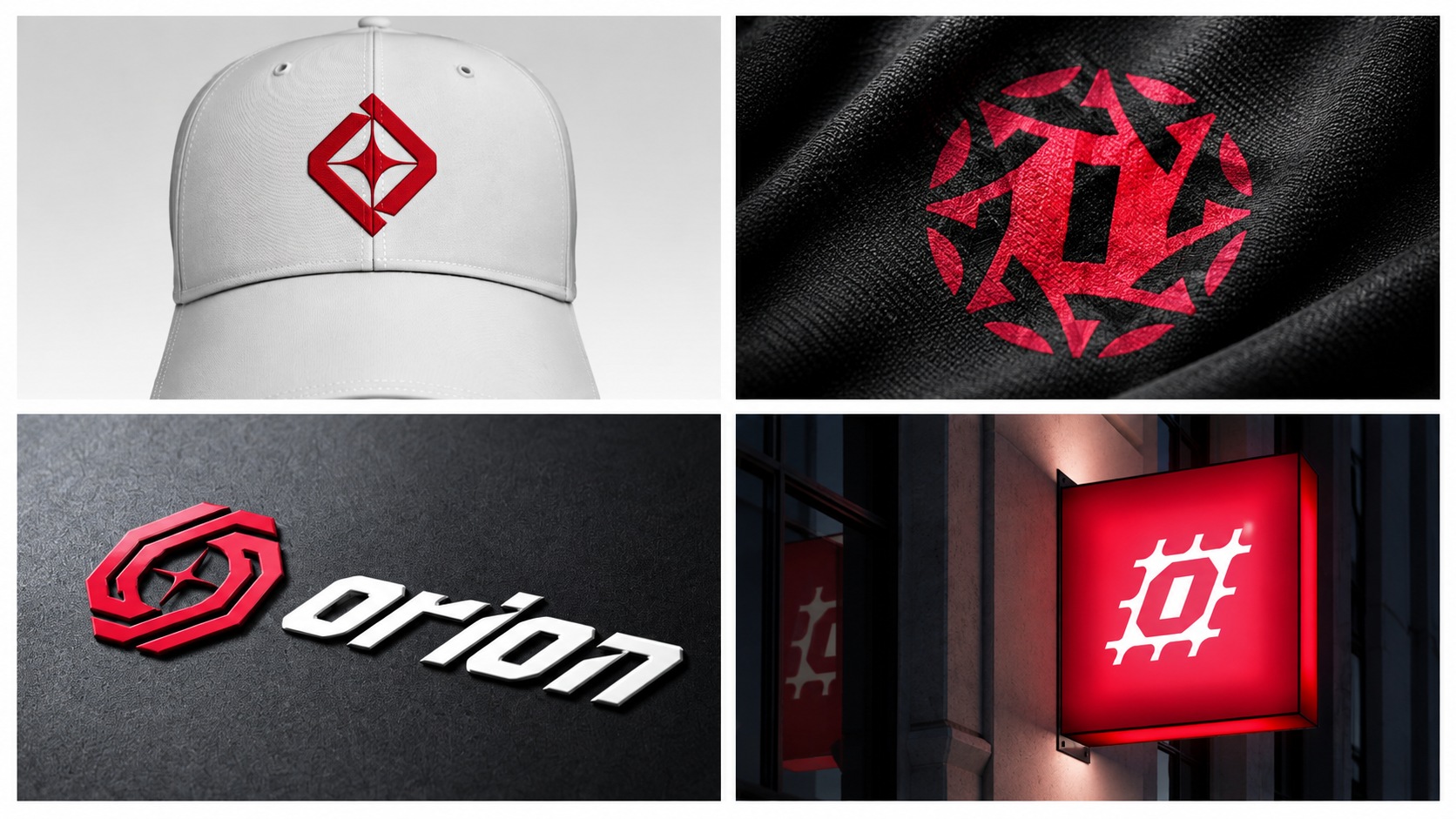Orion concept applications: Polaris cap, Orbit fabric print, Precision dimensional lockup and Grid Iron sign