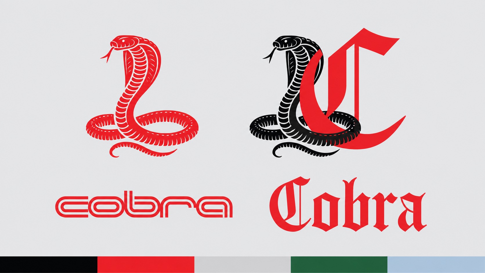 COBRA snake emblems, gothic monogram, contrasting wordmarks and colour palette