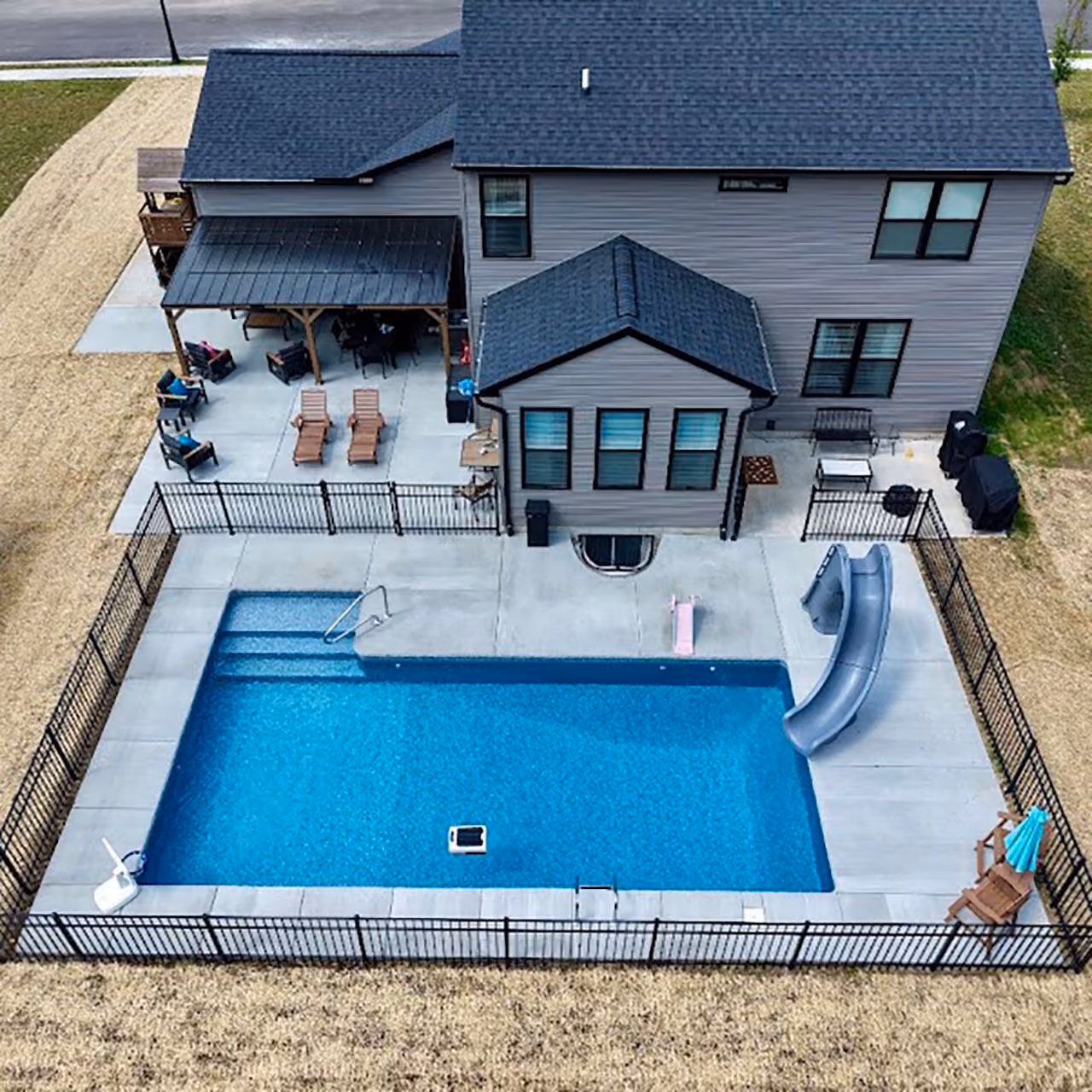 Aerial view of custom outdoor living space by RFS Lawn and Landscapes in Greater Cincinnati Ohio