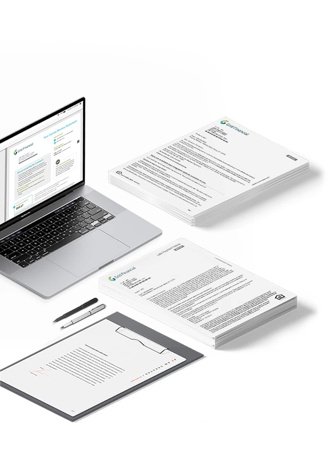 Laptop and stacks of loan documents, plus clipboards and pens, arranged on a white surface.
