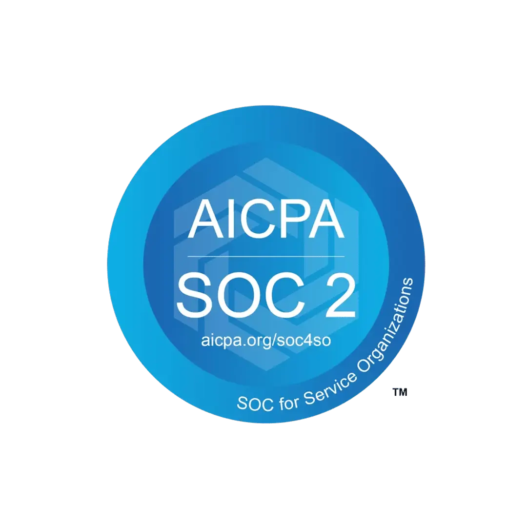 Blue circular AICPA SOC 2 certification badge for service organizations.