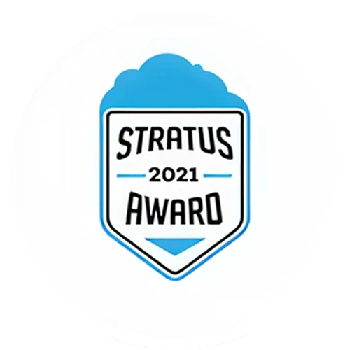 Blue and white badge with text Stratus Award 2021 inside a cloud shape.