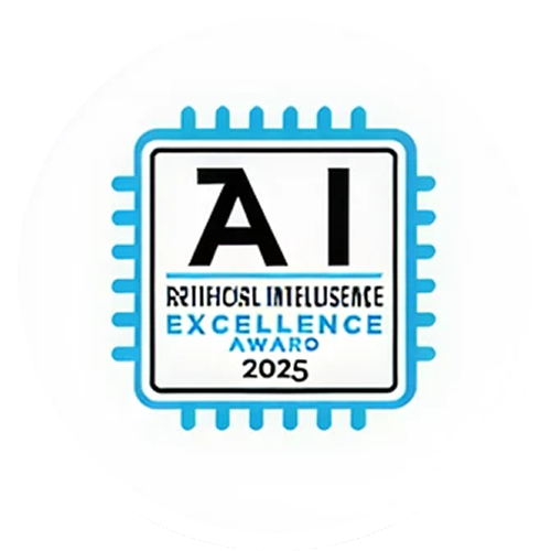 AI Artificial Intelligence Excellence Award 2025 badge with blue and black text inside a chip outline.