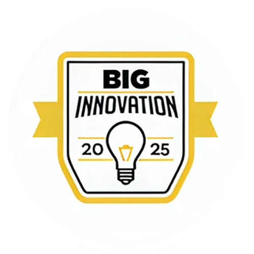 Badge with a light bulb and text 'Big Innovation 2025' inside a yellow and white shield.