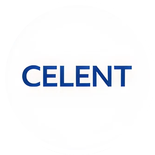 Celent brand logo in blue capital letters on white circular background.