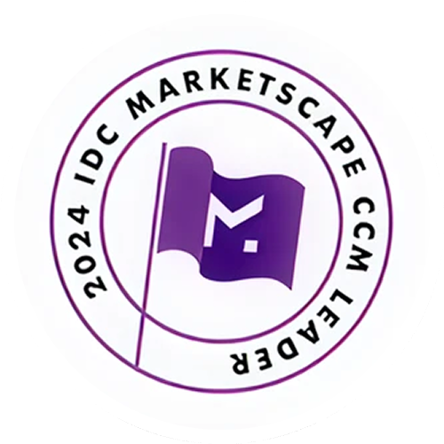 Purple flag with M logo inside circle that reads 2024 IDC MarketScape CCM Leader.