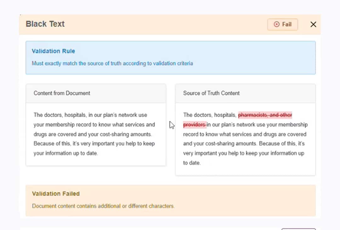 Validation failure showing text comparison with deleted words highlighted in red and a fail message.