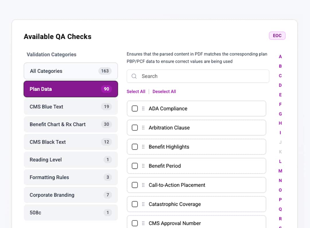 QA checks dashboard showing categories and options like ADA compliance and arbitration clause with selection boxes.