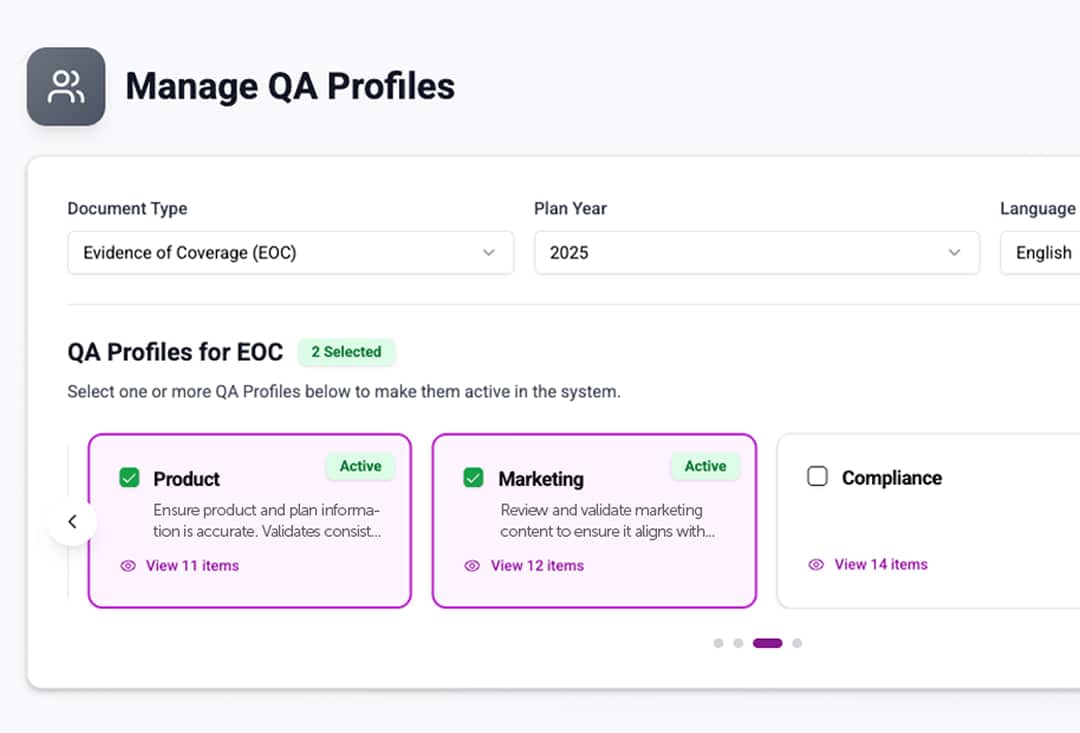 Manage QA profiles interface showing selected Product and Marketing profiles for Evidence of Coverage 2025.