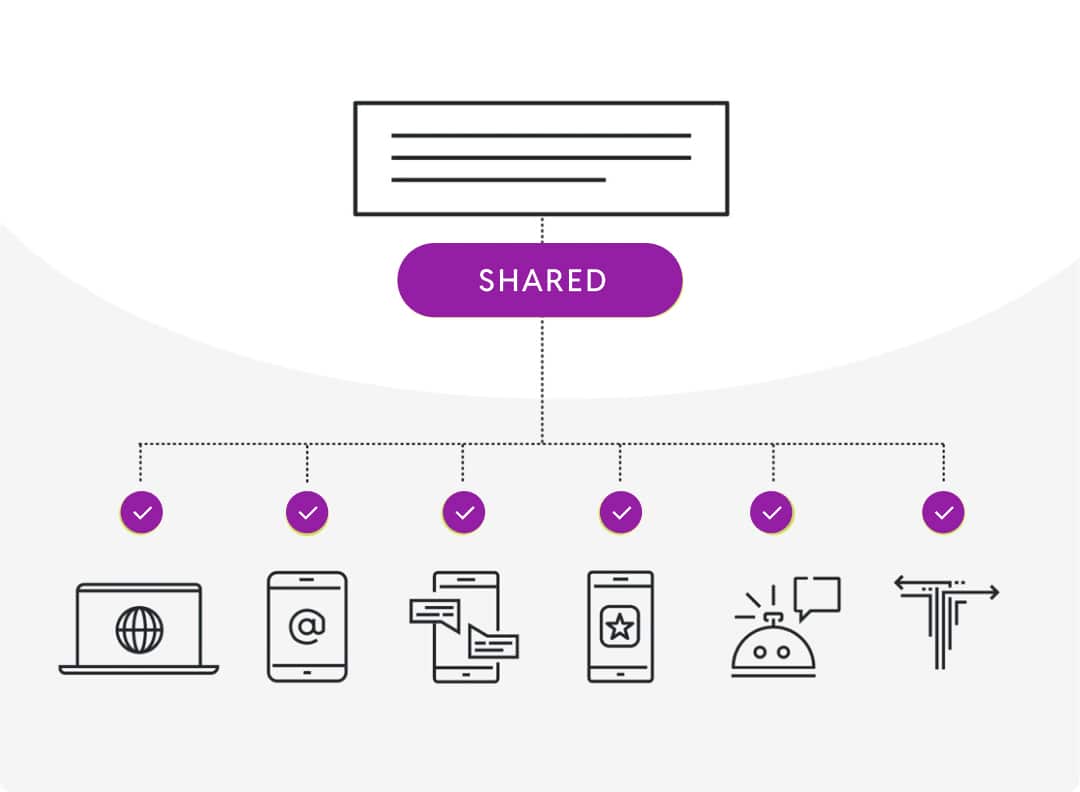 Diagram showing various devices and services connected under a shared category with check marks above each icon.