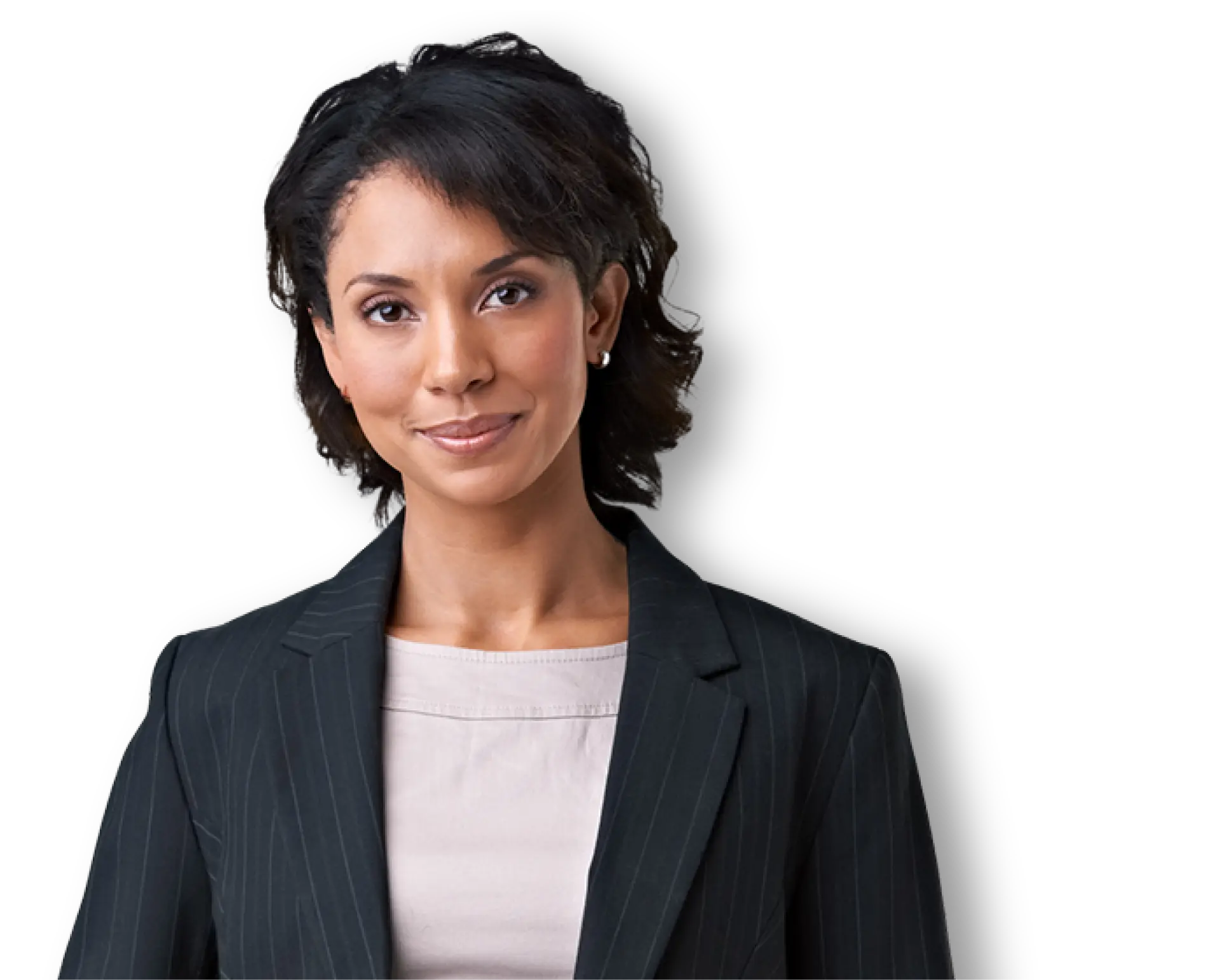 Confident woman with dark hair wearing a pinstripe blazer and light top against black background.