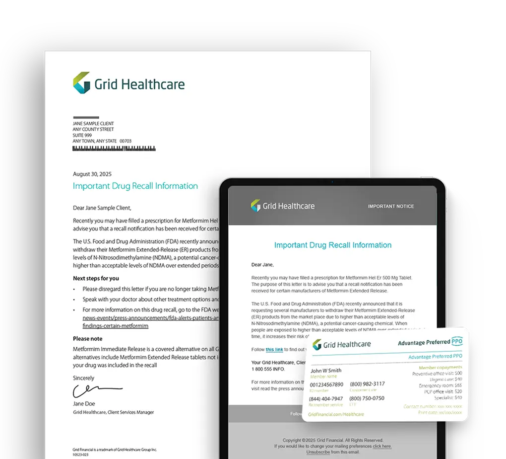 Grid Healthcare drug recall letter, digital notice on tablet, and healthcare ID card for John W Smith.
