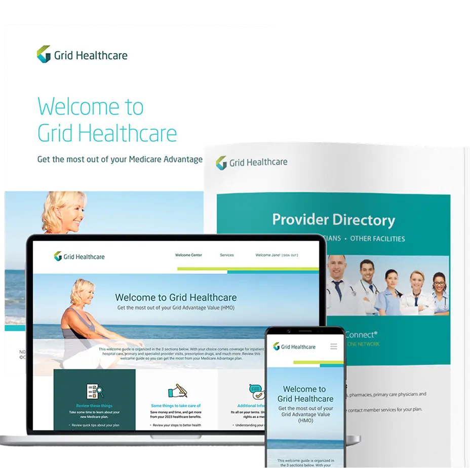 Grid Healthcare welcome kit including brochures and digital screens for Medicare Advantage information.