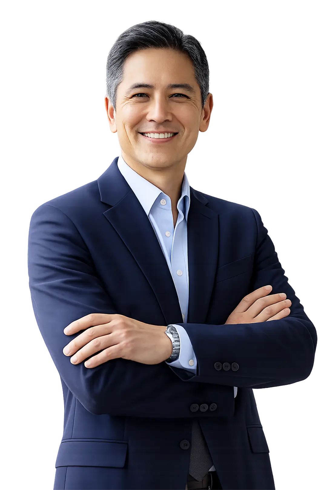 Smiling Asian man in navy suit with light blue shirt, arms crossed, and silver wristwatch.