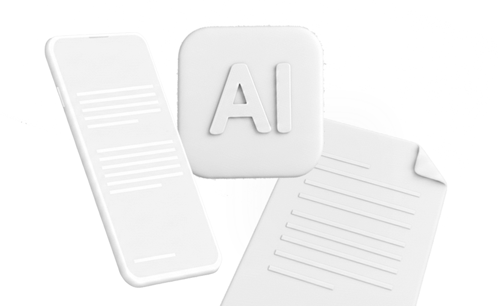 3D icon showing a mobile phone, a paper document, and an AI symbol in white.
