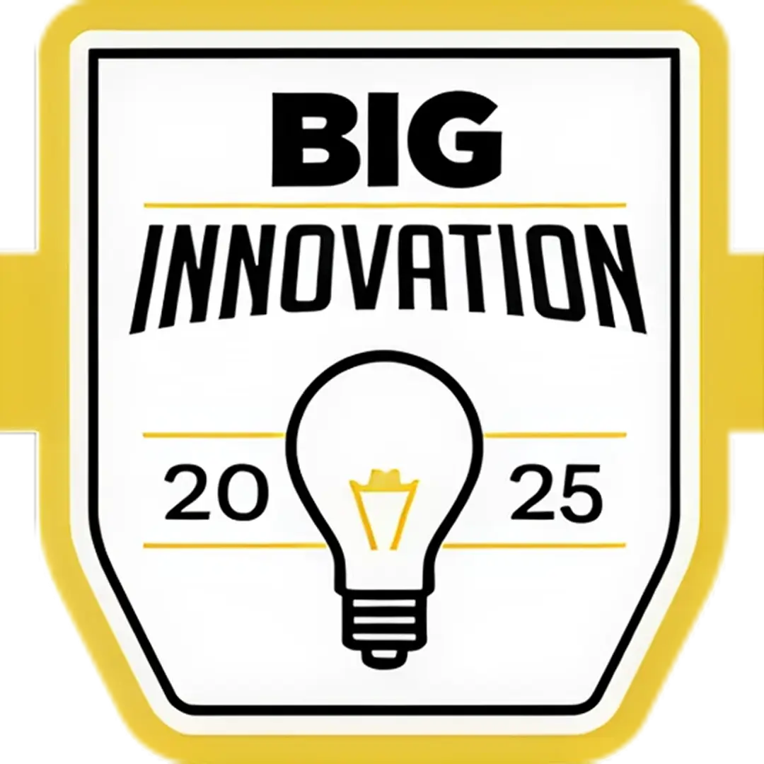 Badge with a light bulb and text BIG INNOVATION 2025 inside a yellow border.