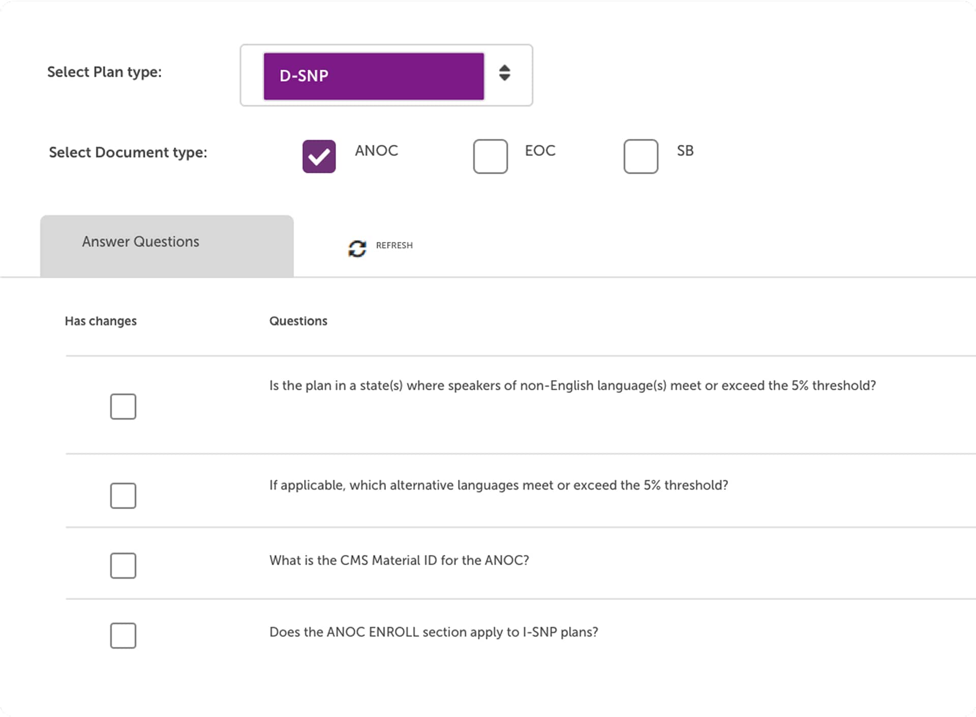 Form with dropdown for Plan type and checkboxes for document types and questions with checkboxes for answers.