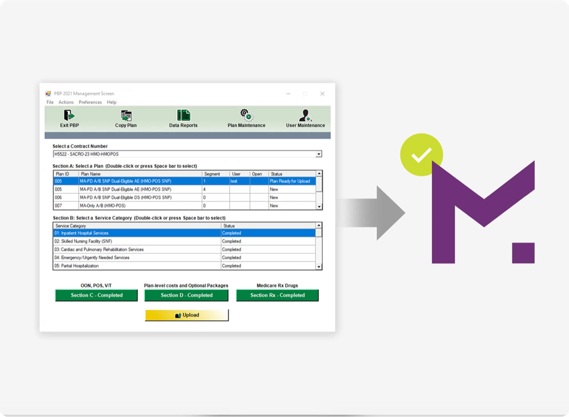 Software screen for selecting healthcare plans and service categories with status and upload button.
