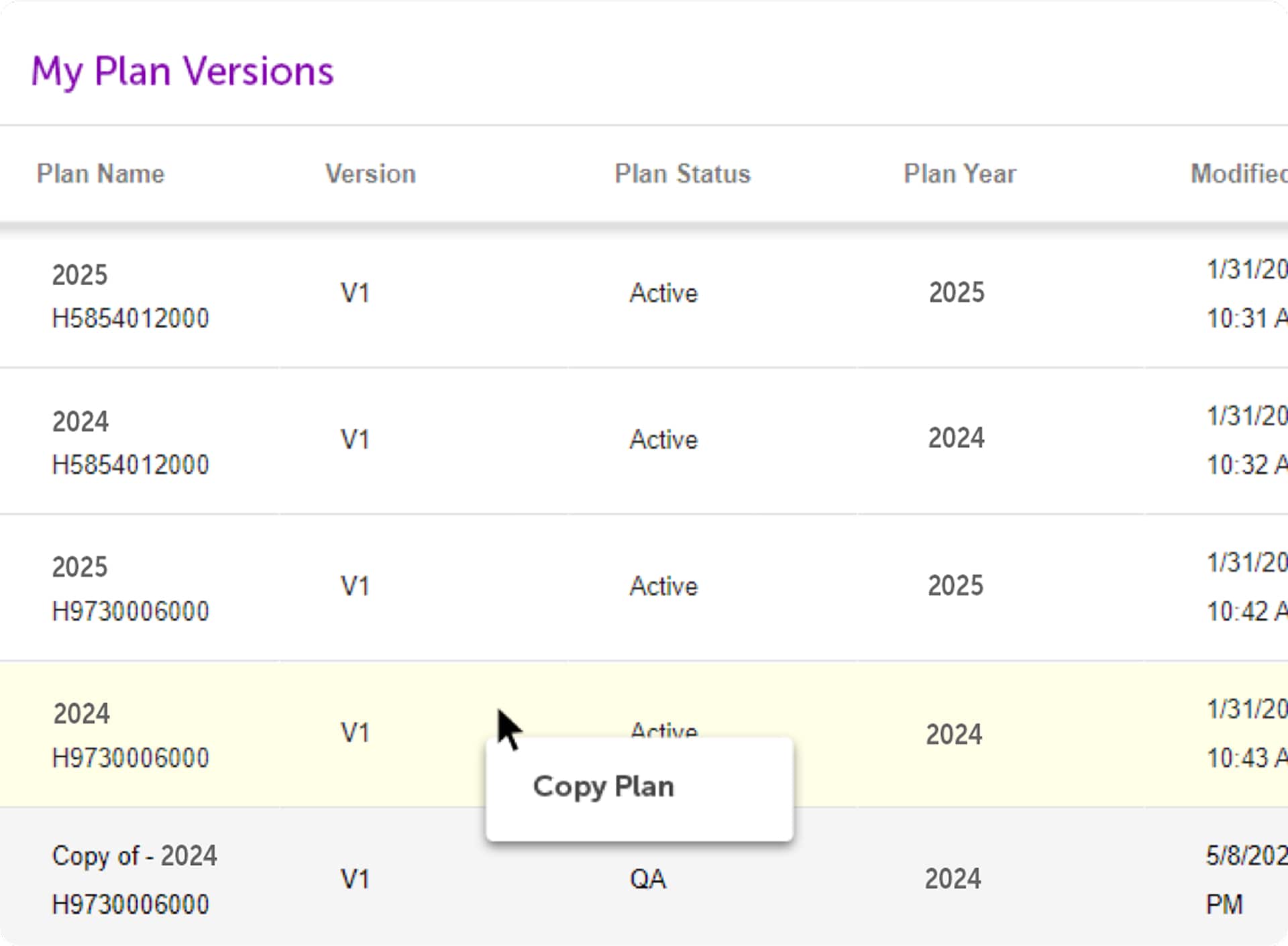 Table listing plan versions showing name, version, status, year, and modified date with a copy plan tooltip.
