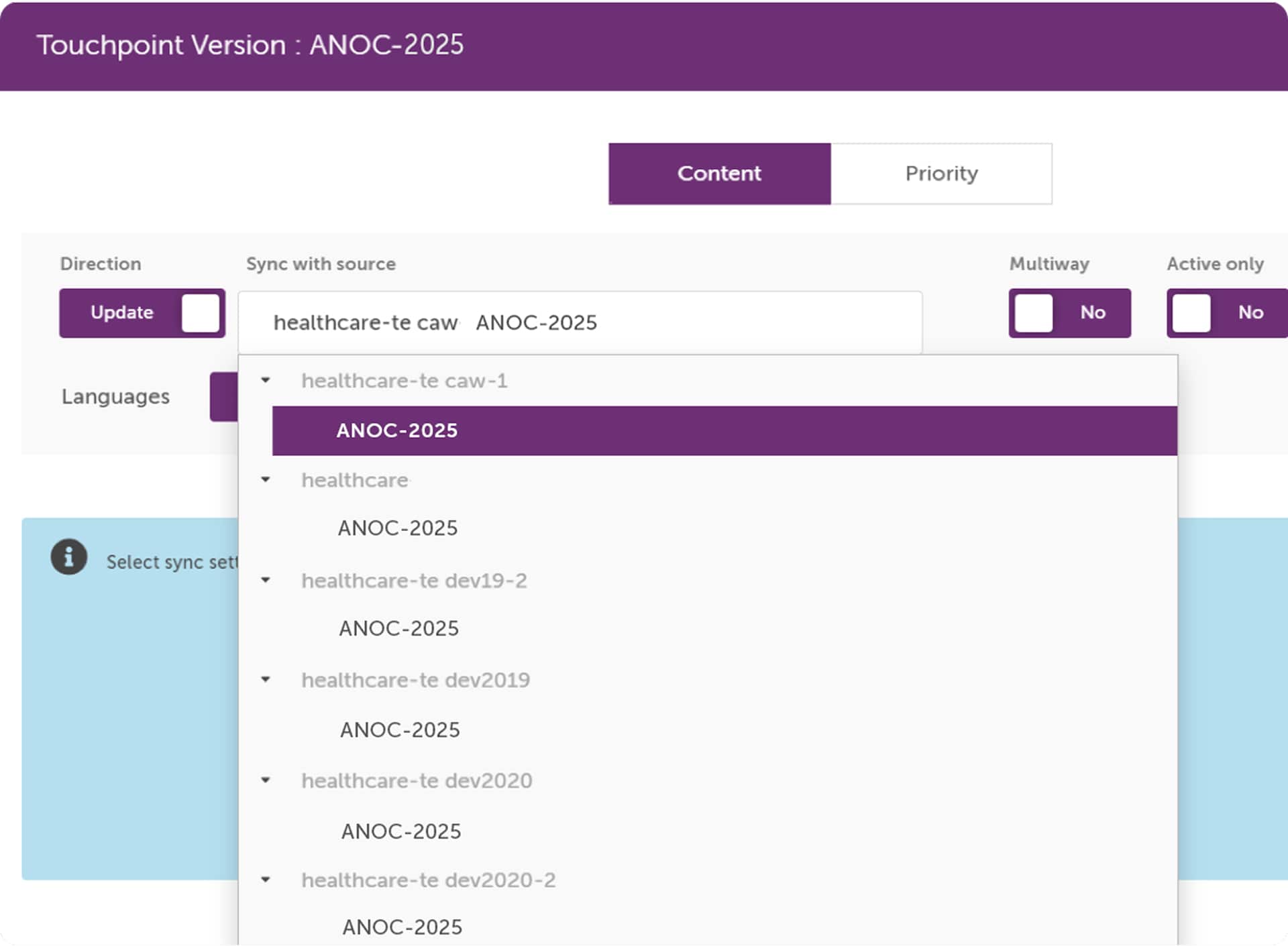 Dropdown menu showing multiple healthcare-te source options labeled ANOC-2025 for sync selection.