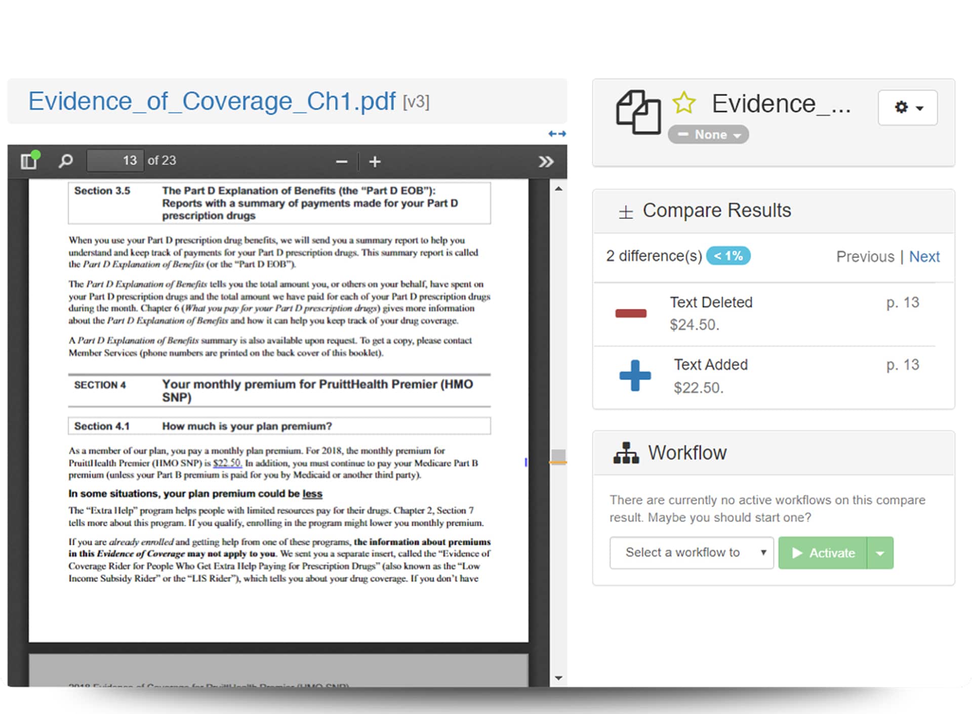 Screen showing PDF comparison with a Part D prescription drug benefits report highlighting premium changes.