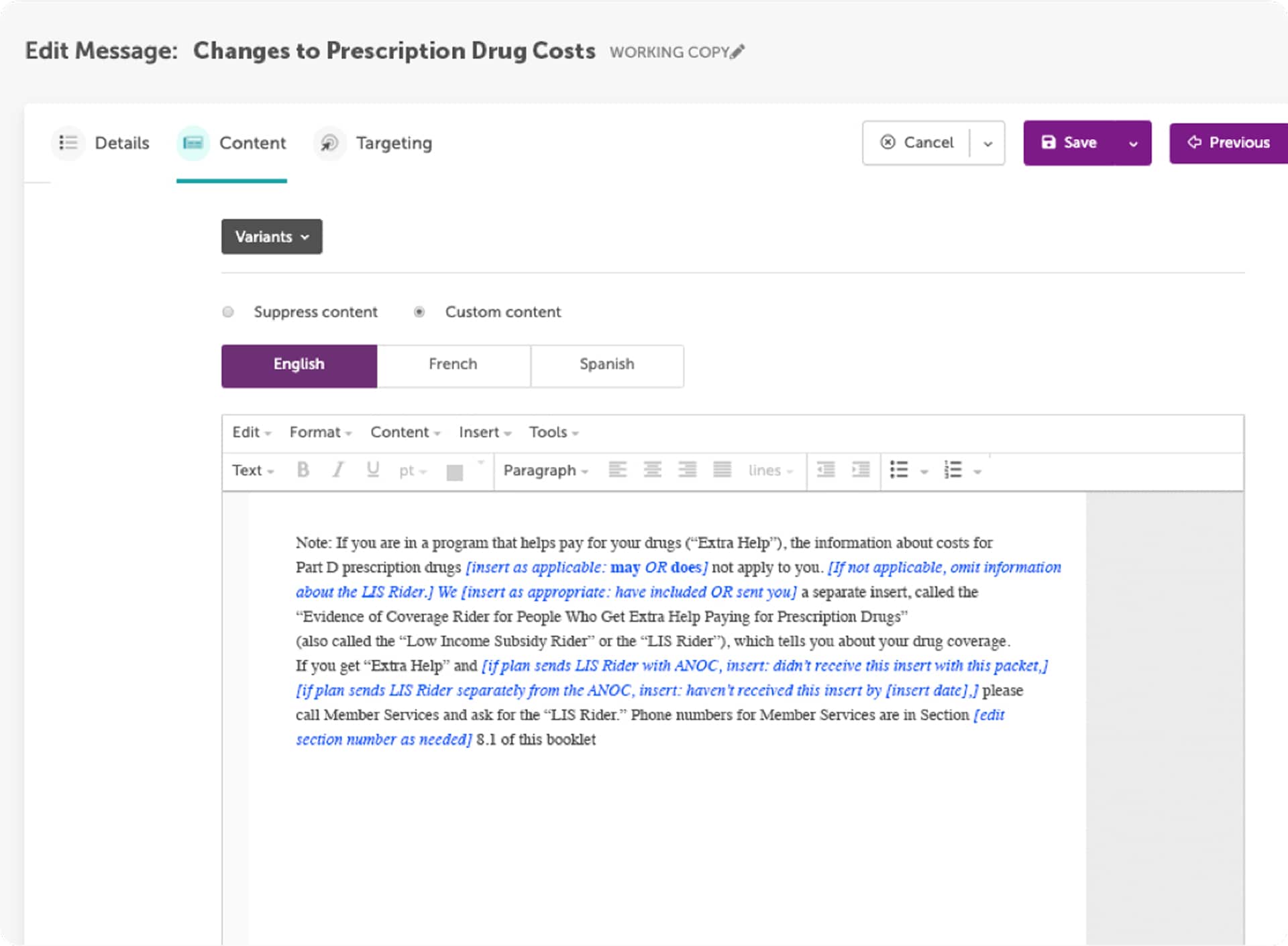 Text editor interface showing editable message about changes to prescription drug costs with language tabs.