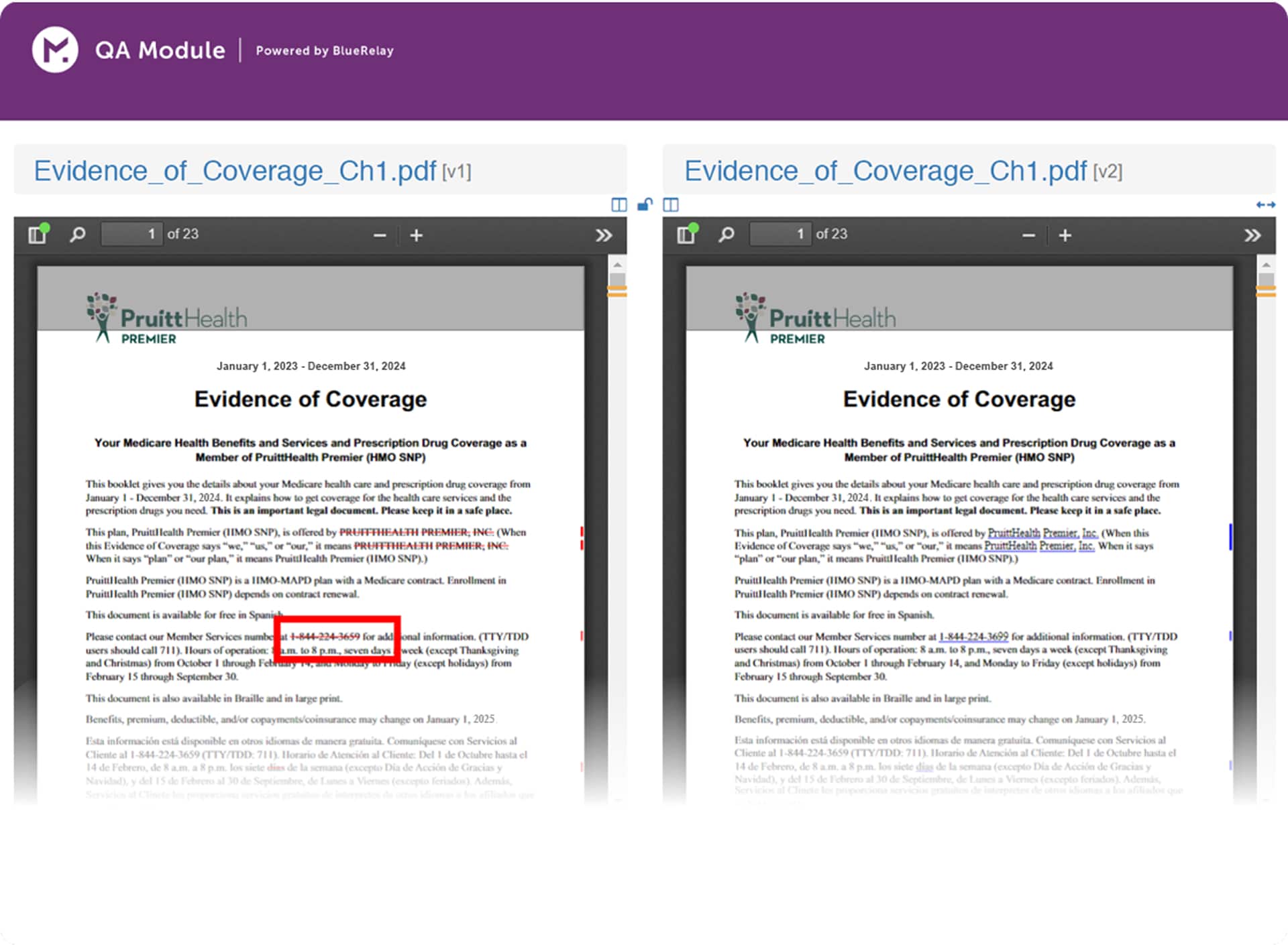 Side-by-side PDFs showing PruittHealth coverage details for 2023-2024 with contact info highlighted differently.