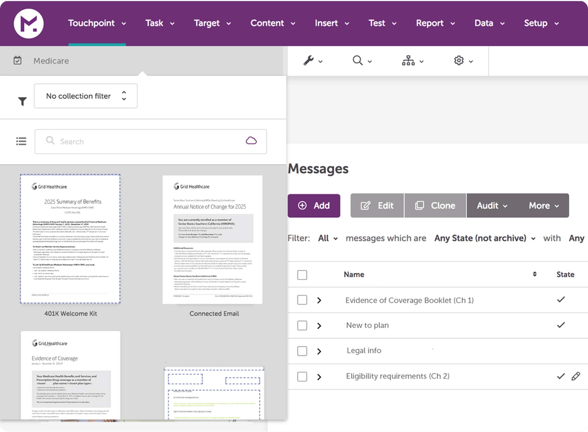 User interface showing Medicare documents with options to add, edit, clone, audit messages in a dashboard.