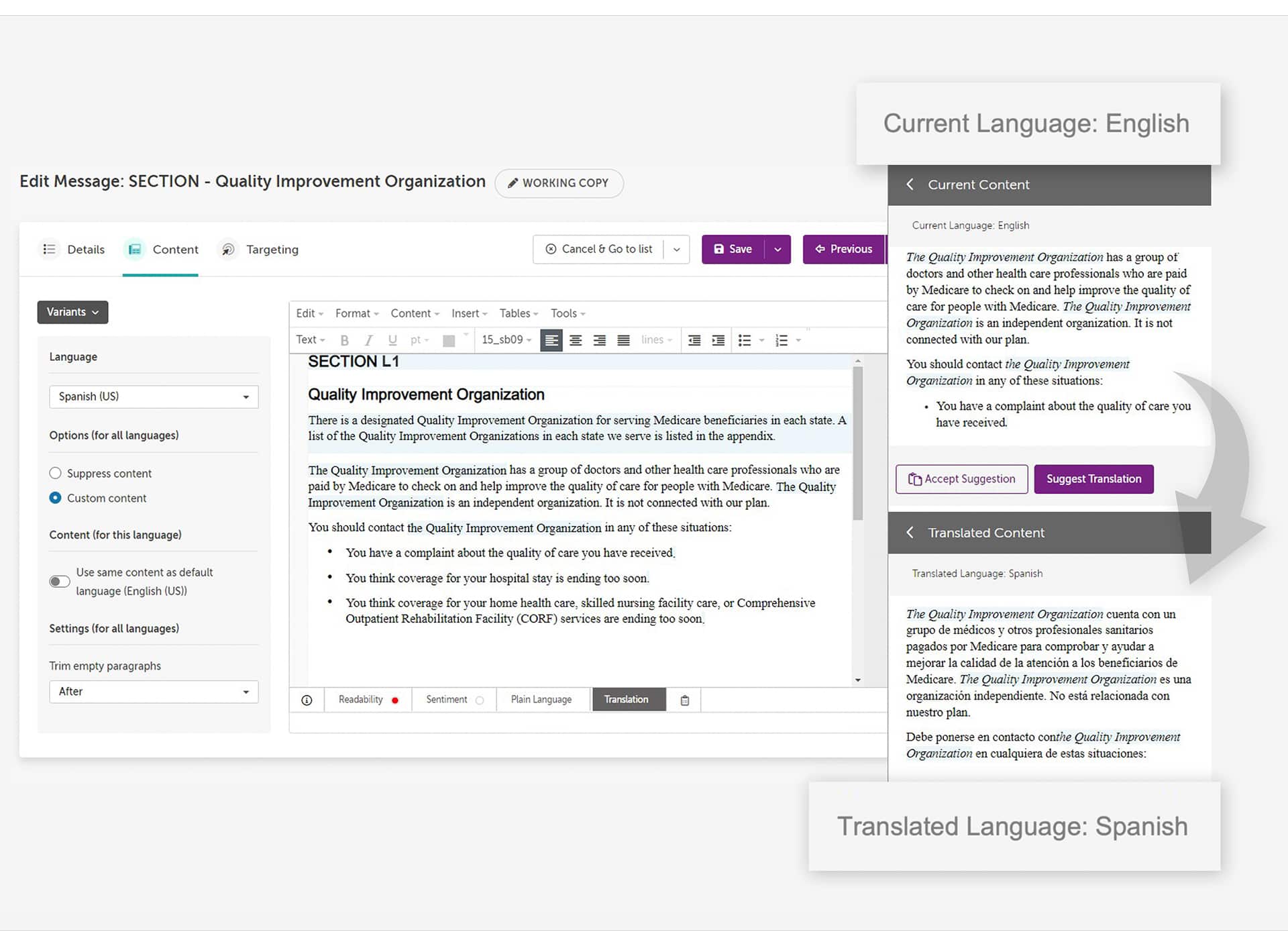 Screenshot of an editing platform showing Quality Improvement Organization text in English and its Spanish translation.