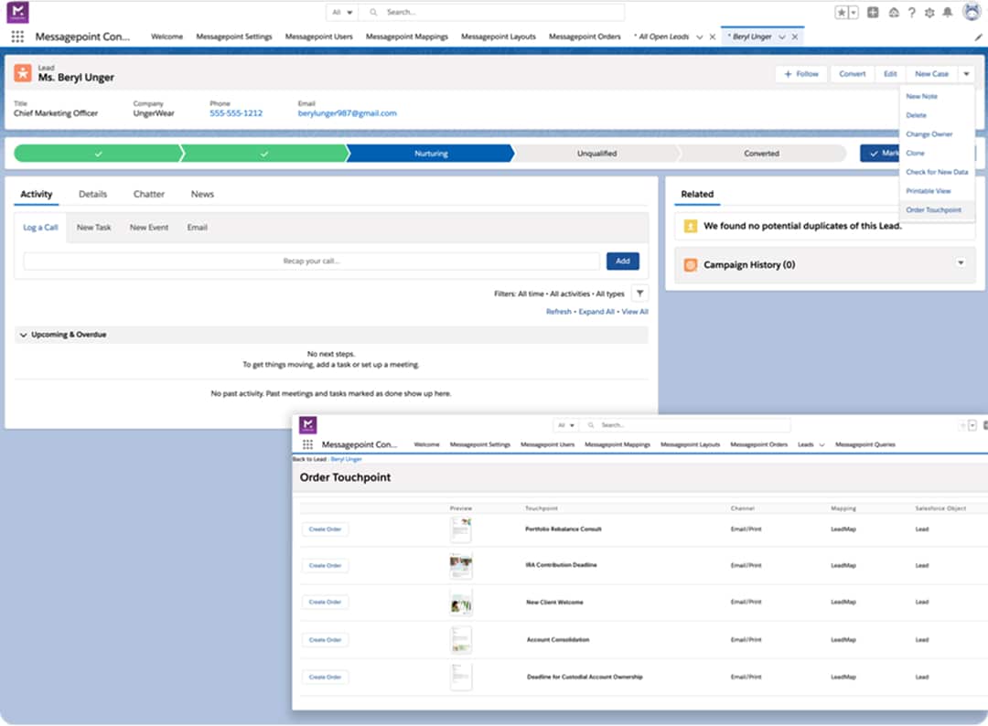 CRM screen showing lead info for Ms. Beryl Unger and order touchpoints with create order buttons.