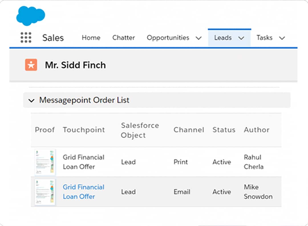 Salesforce screen showing Mr. Sidd Finch's Messagepoint Order List with two Grid Financial Loan Offers.