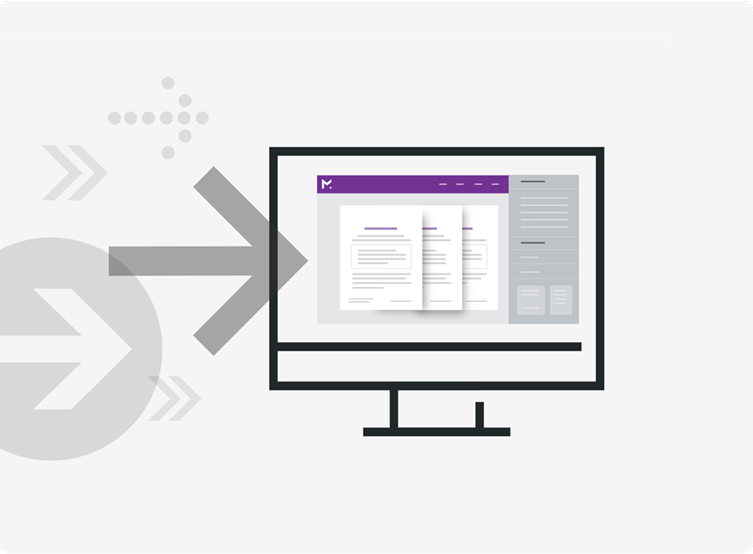 Computer monitor displaying digital documents with arrows pointing towards the screen symbolizing input.