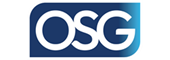 OSG company logo with white letters on a blue background and curved edge.
