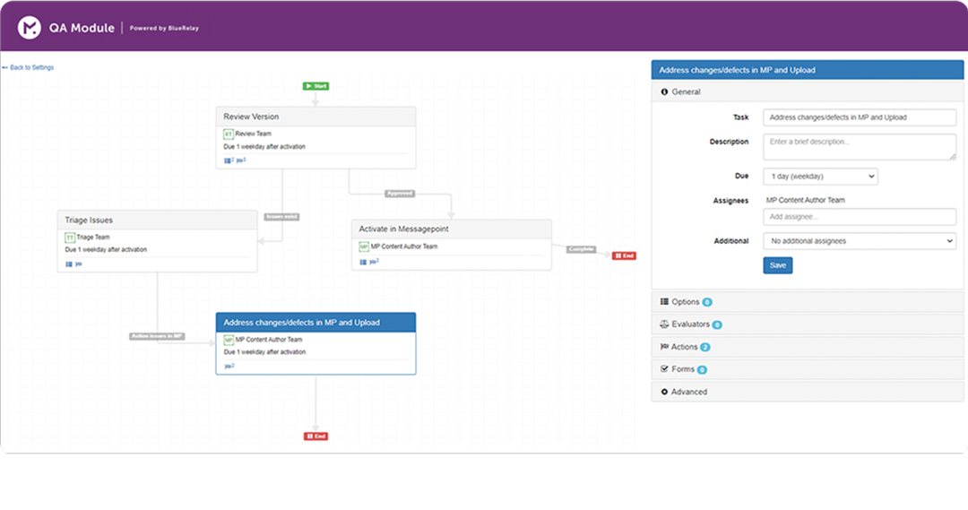 Workflow diagram in QA Module showing tasks like review, triage, activation, and addressing changes with a settings panel.