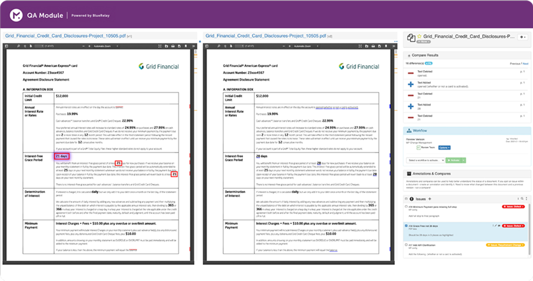 Side-by-side screen comparison of two credit card agreement documents with annotations and metadata panels.